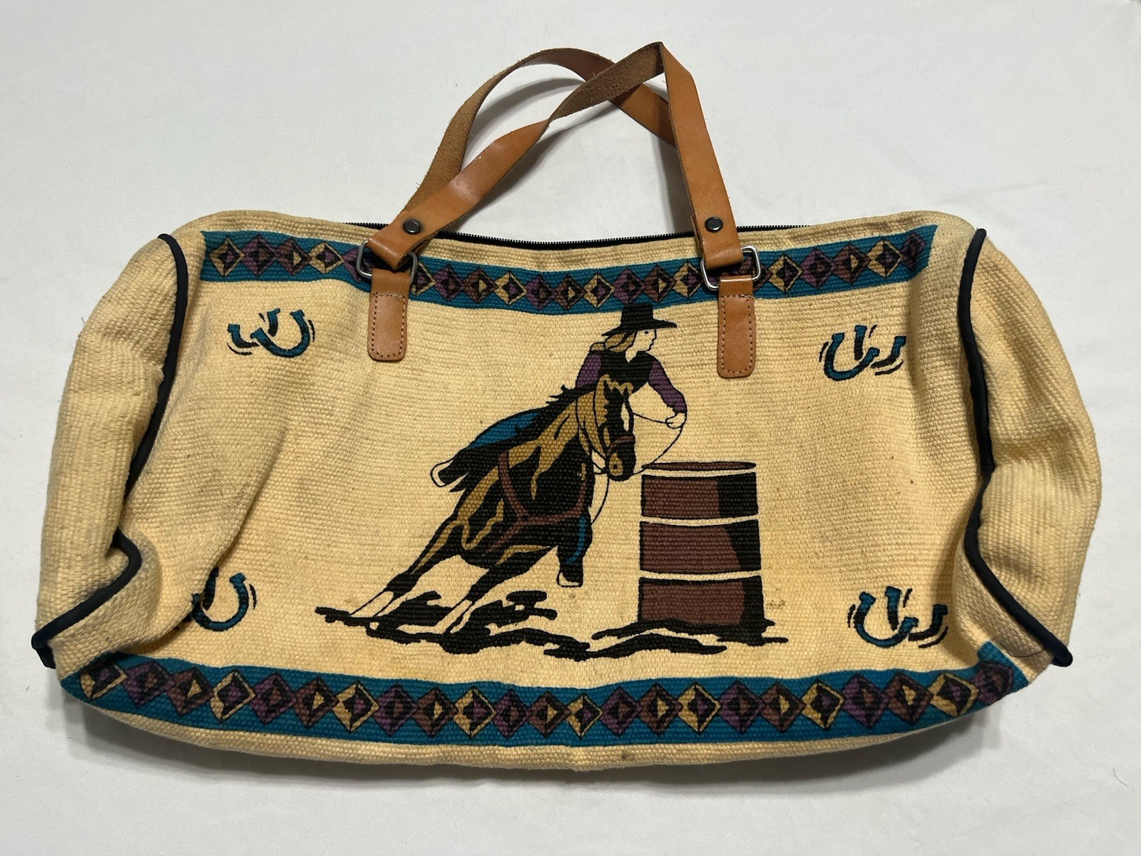 El Paso Saddleblanket Southwestern Duffel Bag Horse Rider Leather Handles VTG