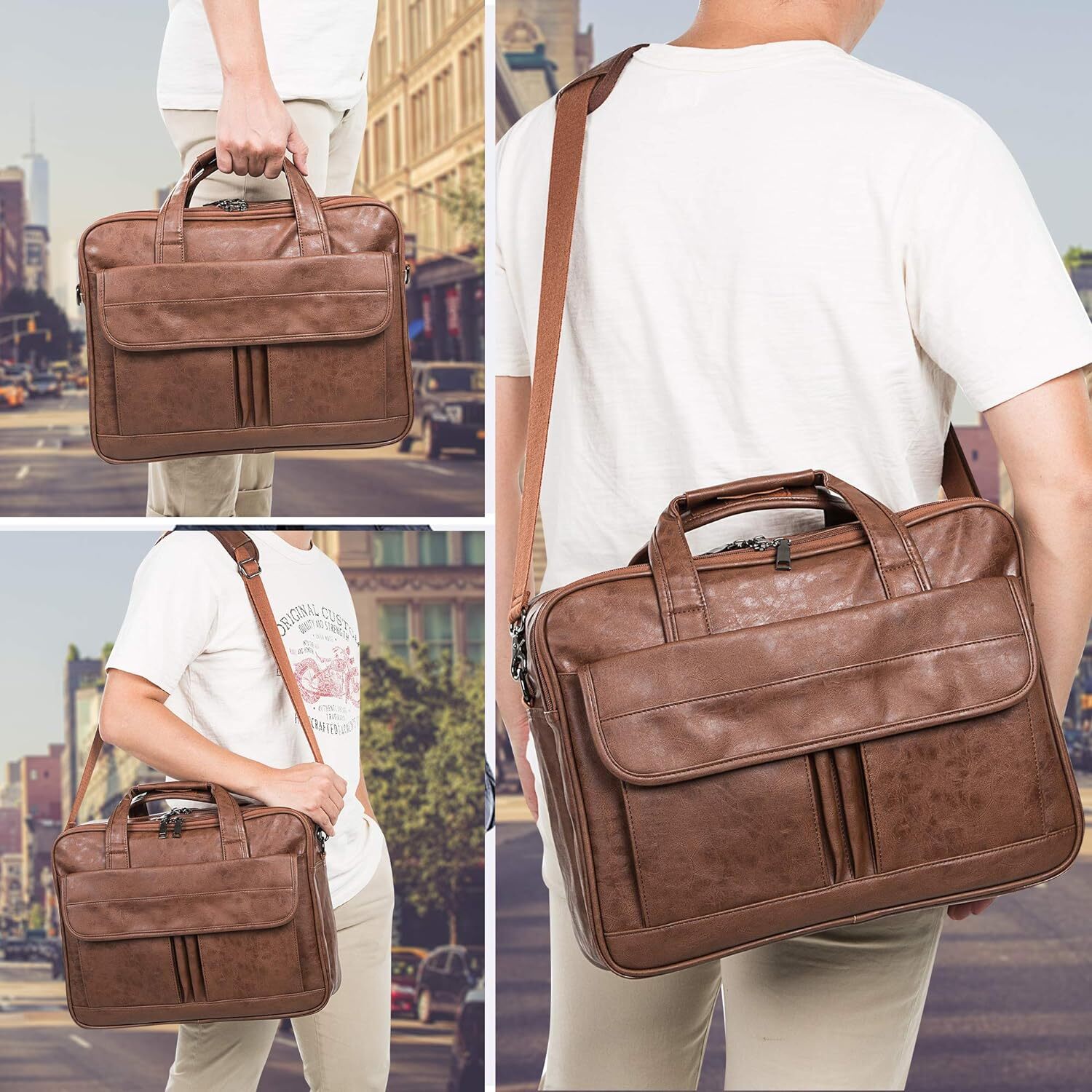 seyfocnia Mens Laptop Bag,15.6 Inch Leather Messenger Bag Brown-15.6inch