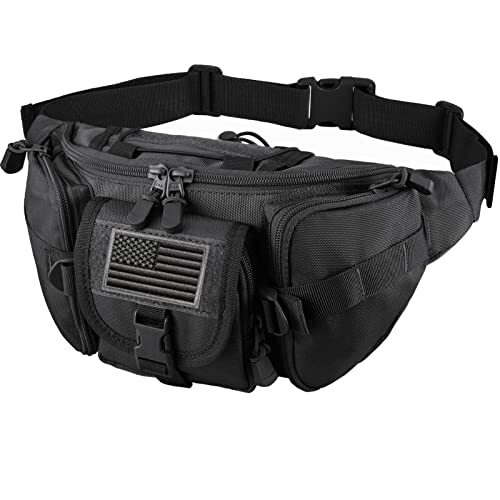 FRTKK Tactical Fanny Pack Military Waist Bag Pack with USA Flag Patch Black