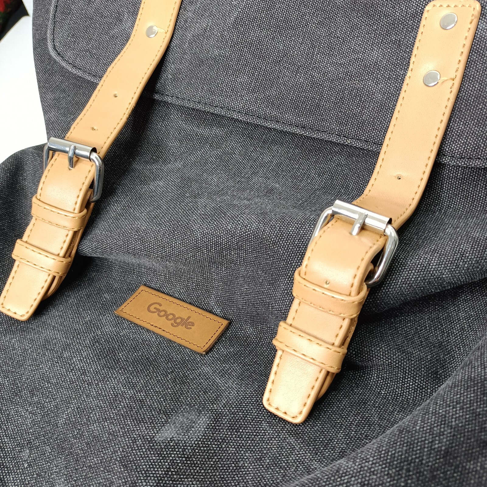 Google Backpack Bag Padded Laptop Grey Canvas Magnetic Snap Button Zip Flawed