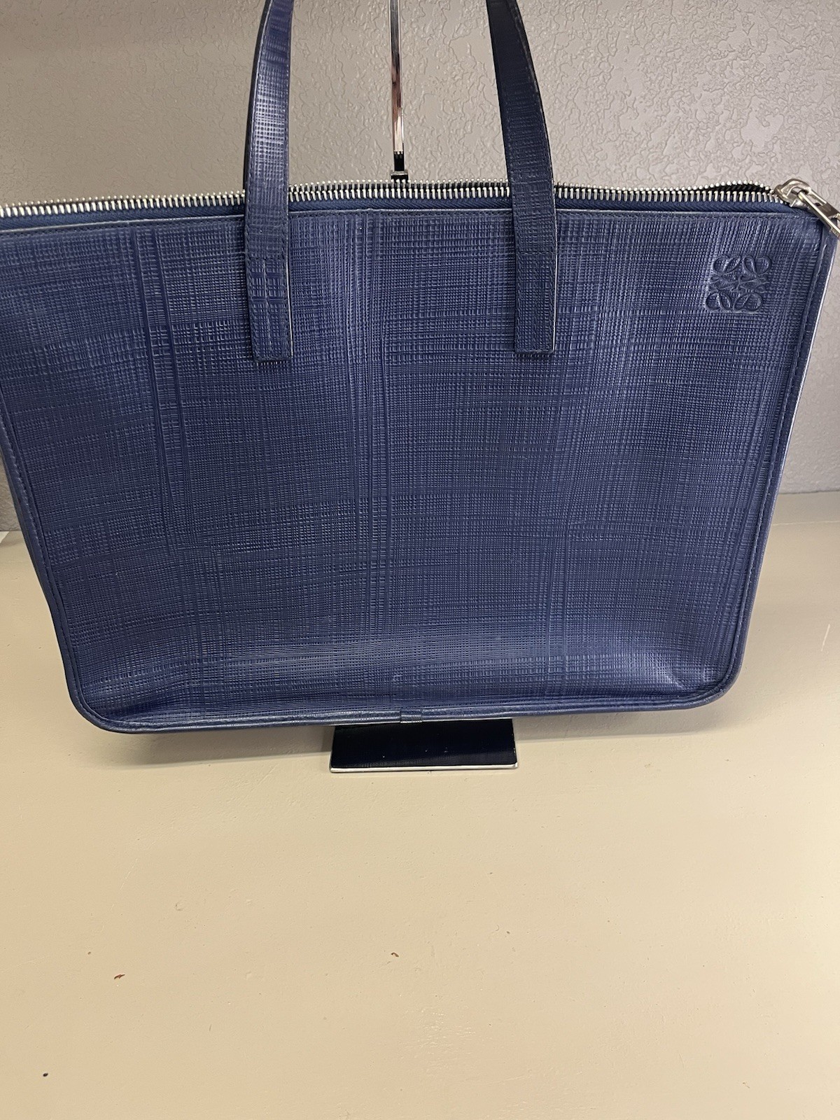 LOEWE Business Bag Linen Leather Briefcase Navy Blue