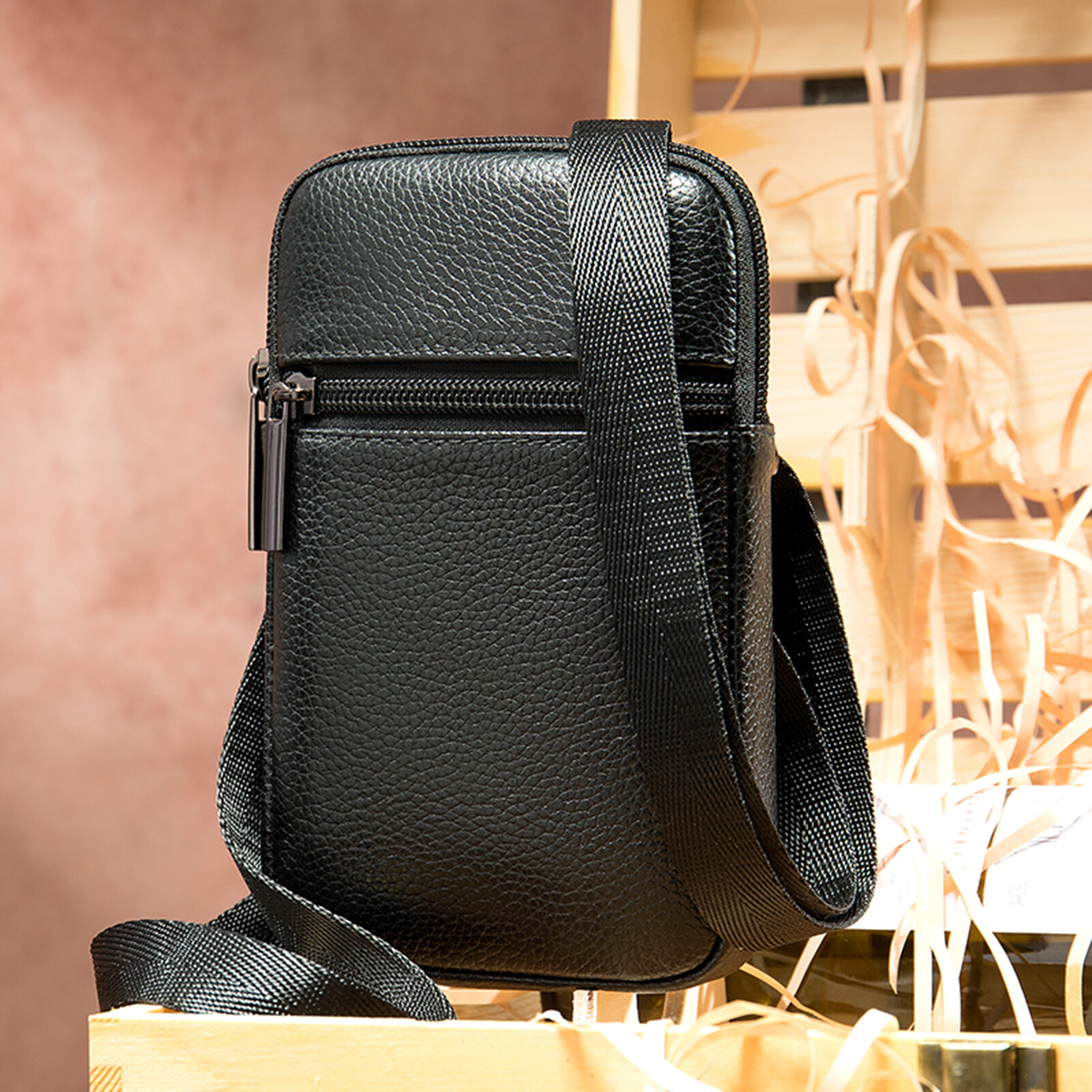 Men’s Genuine Leather Crossbody Bag Compact Shoulder Bag Multiple Pockets