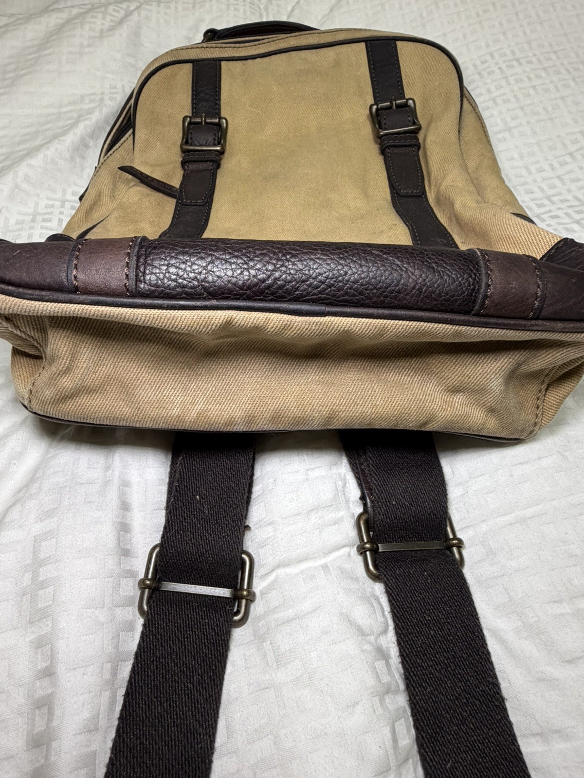 FOSSIL Estate Backpack Rugged Canvas Brown Leather Trim Padded Zip