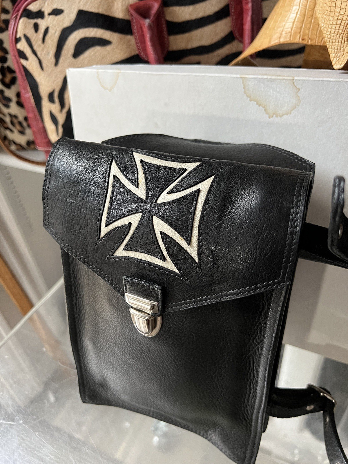 Vintage Black Gothic Sissy Bar Motorcycle Leather Saddle Bag Handmade