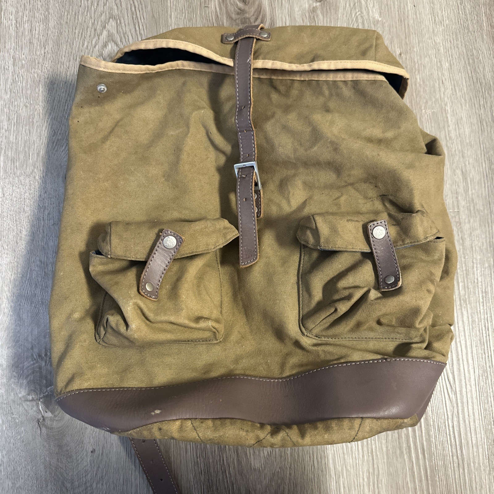 The Brothers Bray Billykirk Backpack Cotton Olive Tan Leather Trim Vinyl Liner