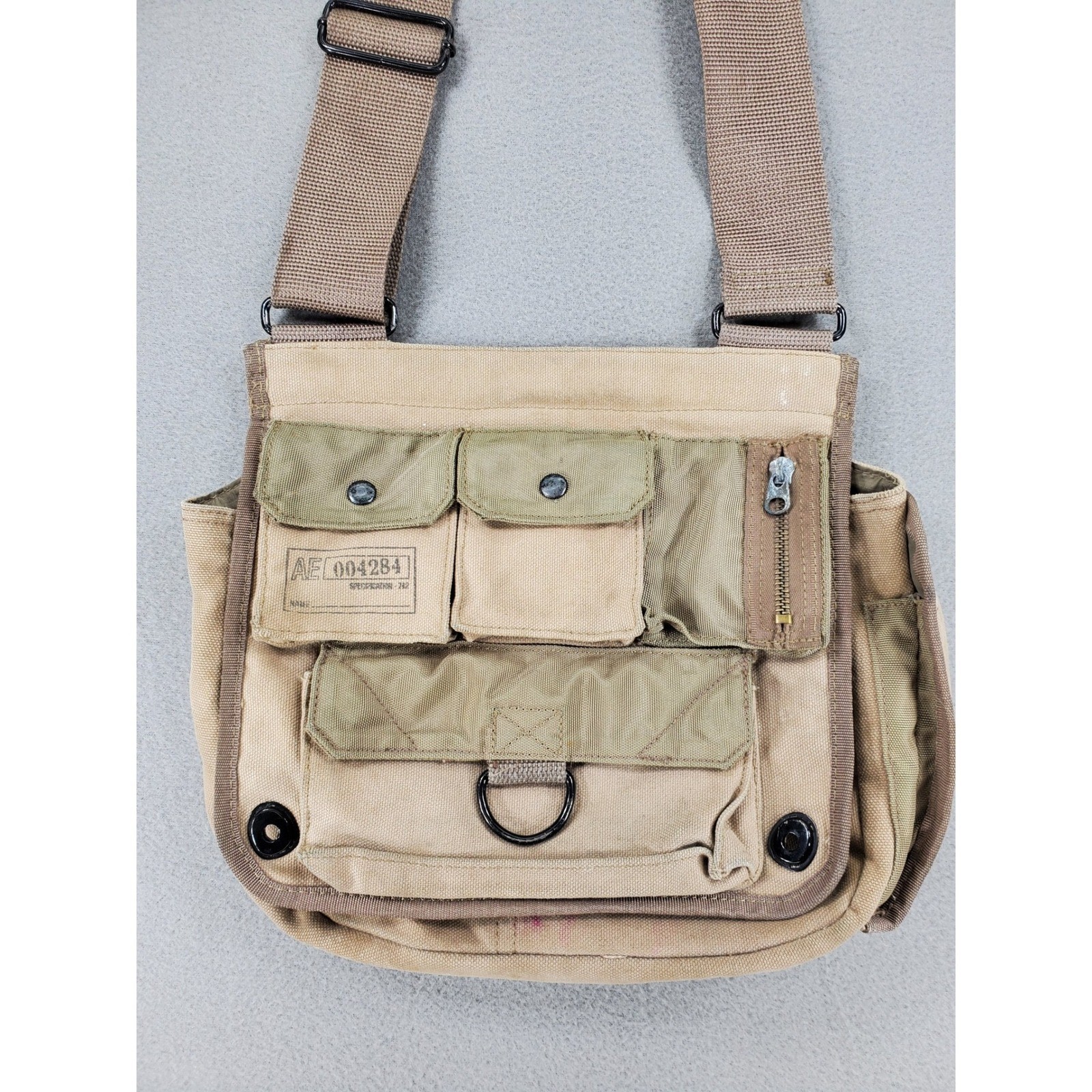 American Eagle Messenger Bag Khaki Canvas Military Utility Multi Pocket VTG Army