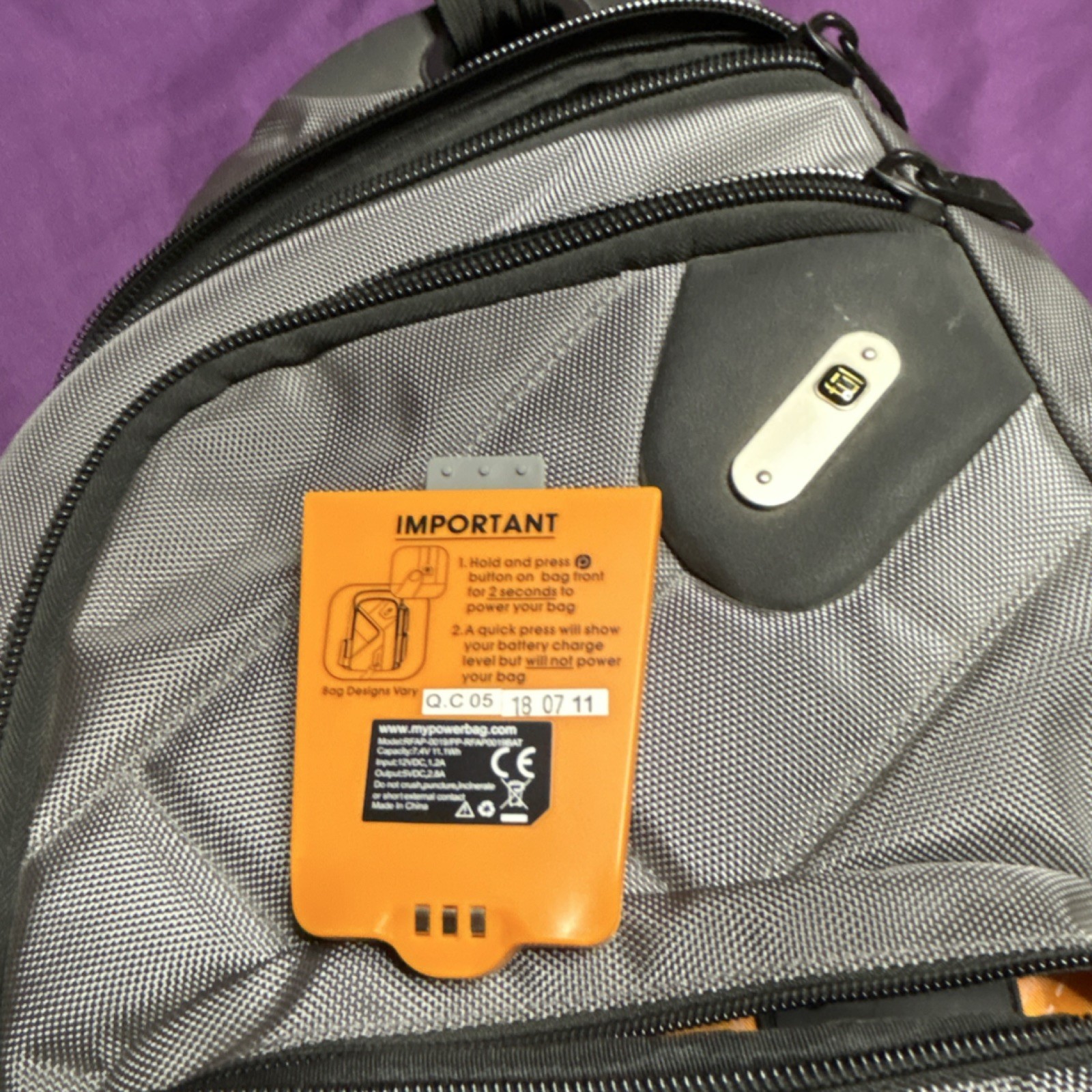 Powerbag Gray Sling Backpack Crossbody w/ Powerbank, Zip Pockets Travel