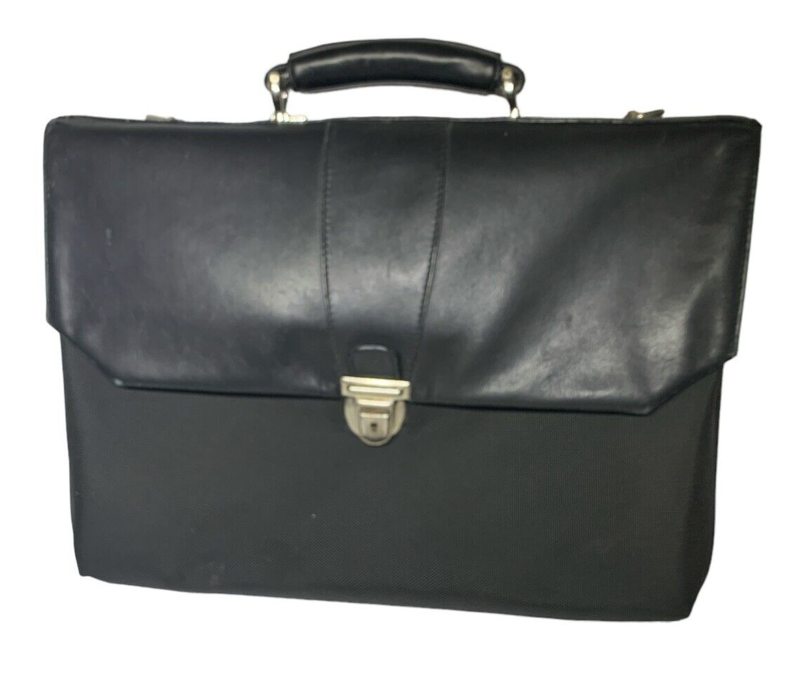 BOSCA Black Leather/Ballistic Nylon Flapover Briefcase Messenger Bag