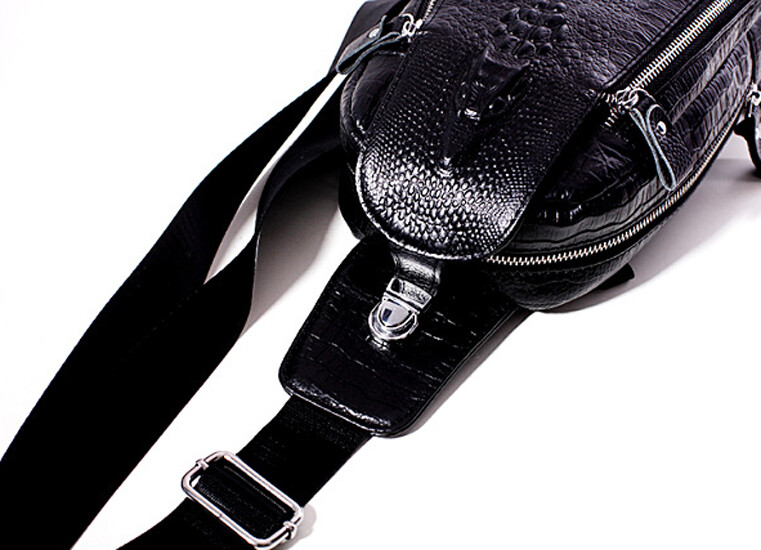 Genuine Leather Sling Backpack Black Men’s Crossbody Chest Bag Crocodile Pattern