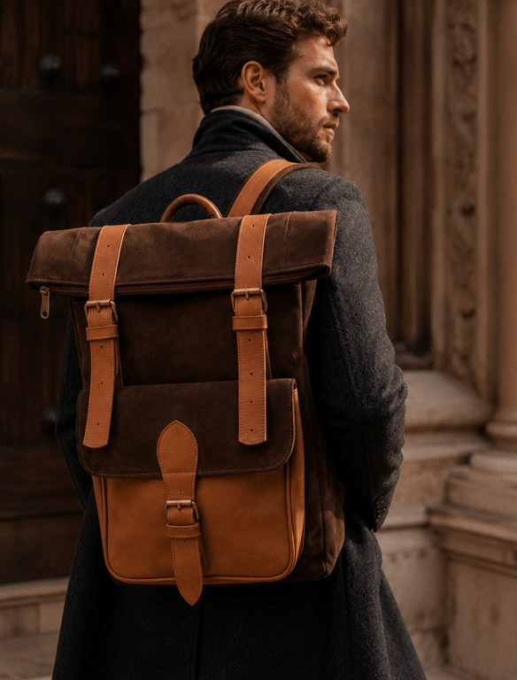 Tanario Men’s Full Grain Leather Roll Top Backpack Brown Travel Laptop Bag