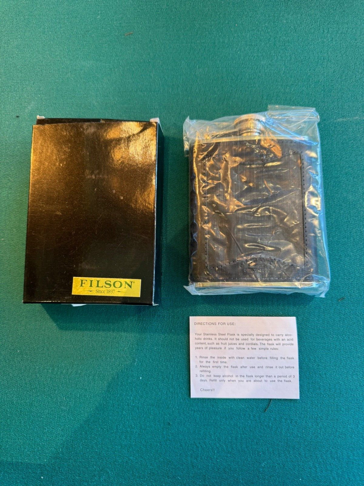 Vintage Filson Black Leather Stainless Steel 6OZ Flask New in Box Rare