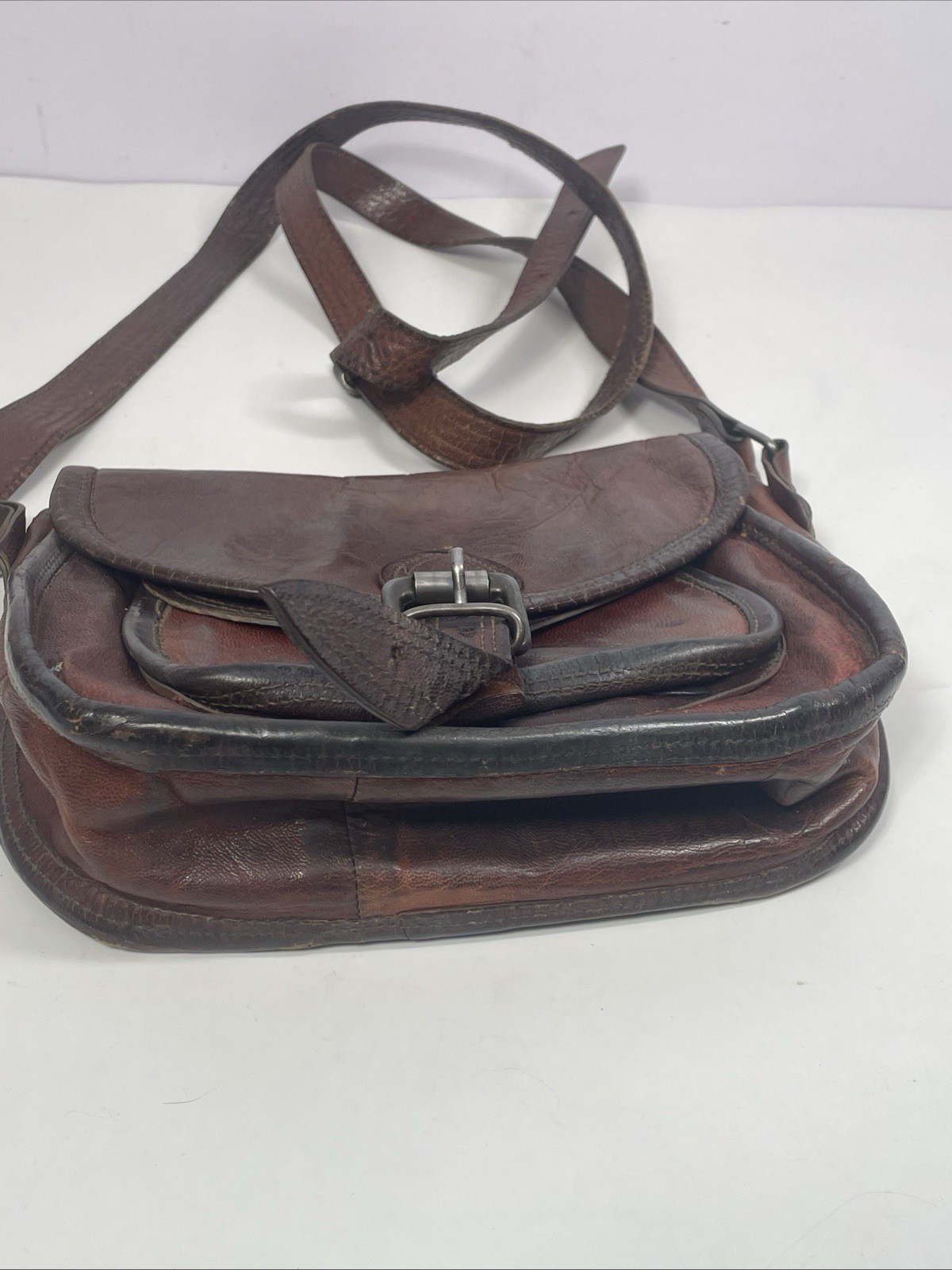 Vintage Leather Messenger Bag TTK Shoulder Strap Brown Zipper & Button Closure