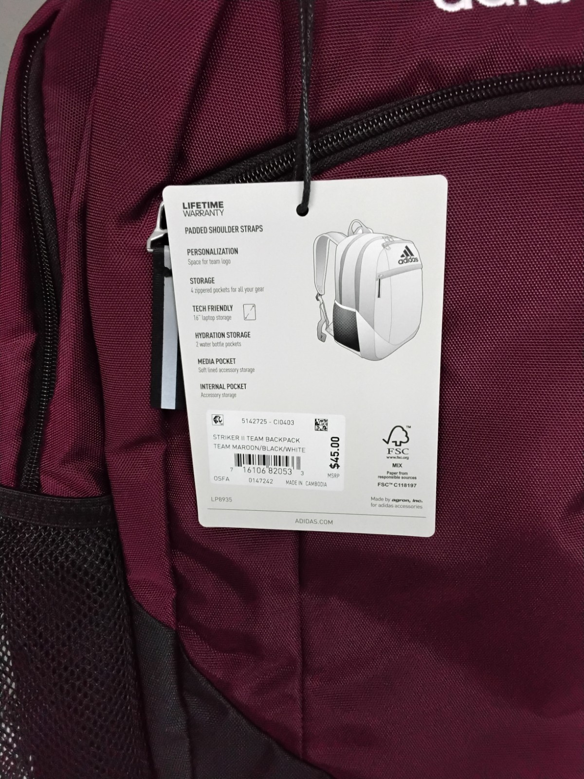 New! adidas Unisex Striker II Team Backpack, Team Maroon, One Size NWT!