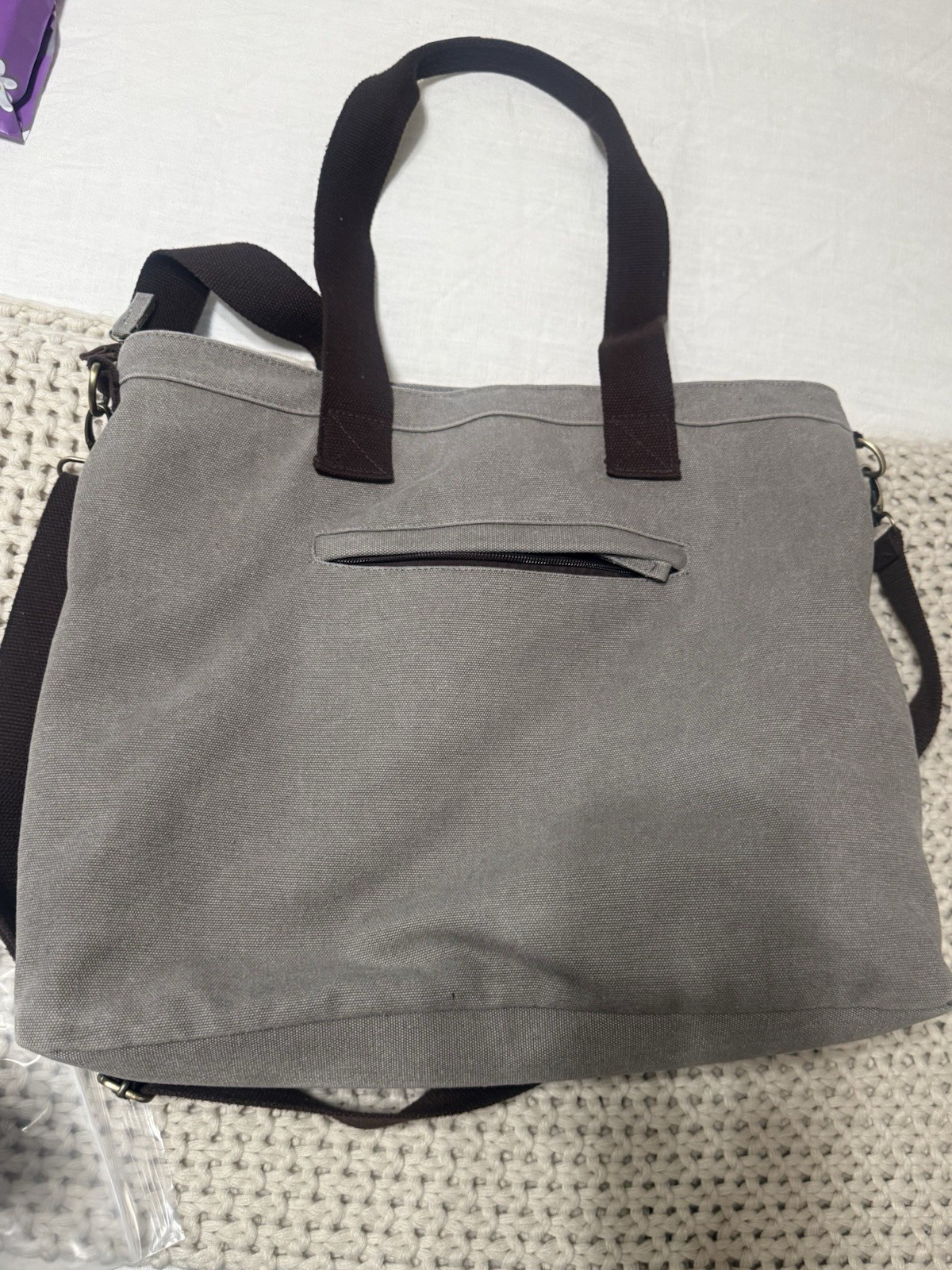 DALLU Gray/Brown Solid Tote Bag Shoulder Strap Zip Closure Inner Pockets