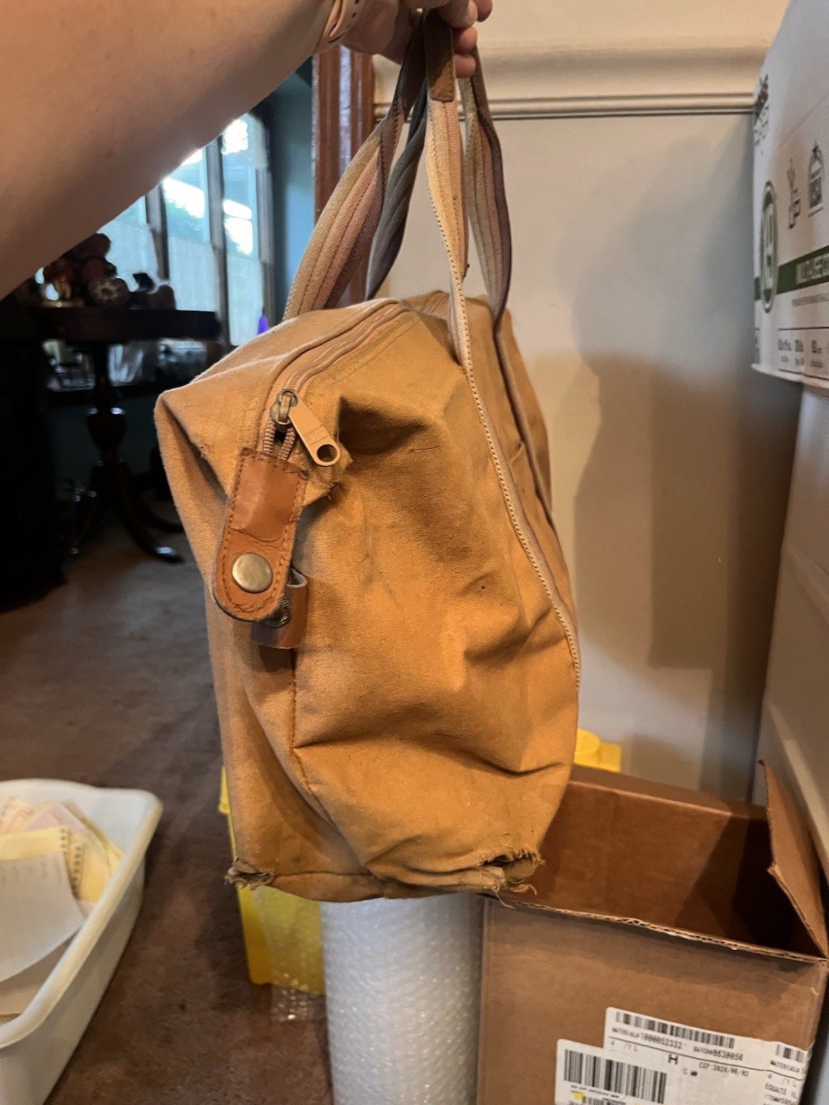 Vintage 1970’s Distressed Tan Canvas Duffle Bag Leather Straps Used With Holes