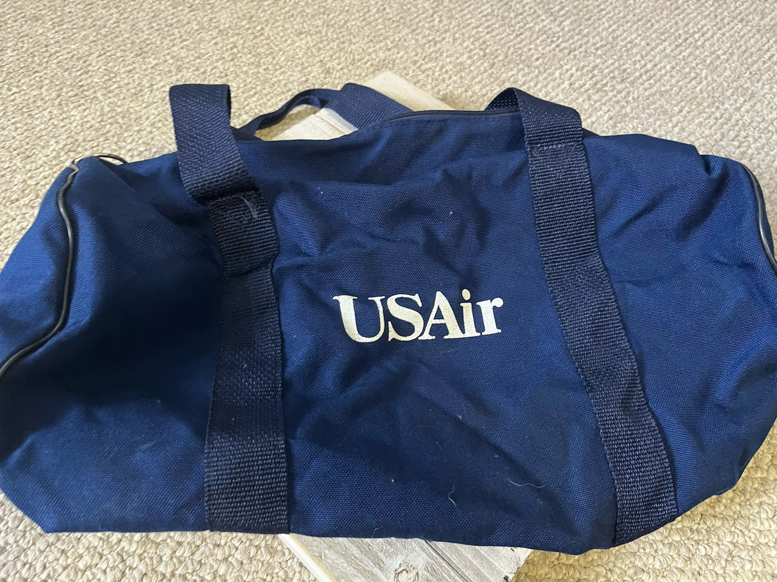 Vintage USAir Zippered Small Duffle Bag Canvas Blue Screen Print Logo Aviation