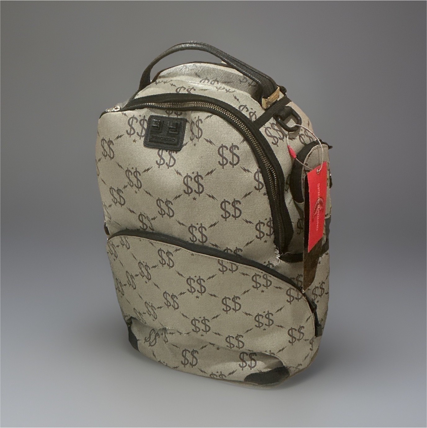Sprayground Money Pattern Backpack Beige Black Adjustable Strap Outer Pockets