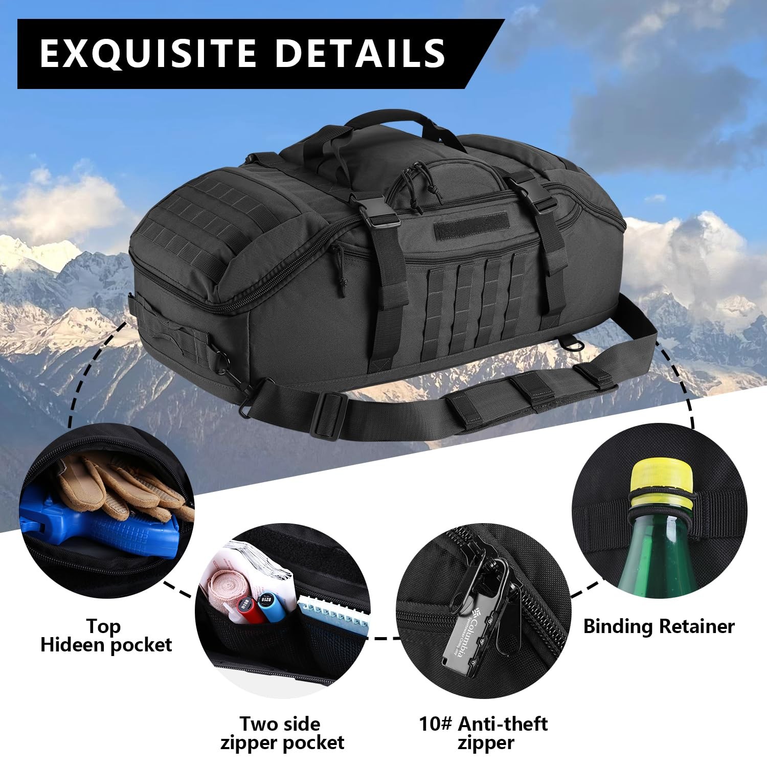 Duffle Bag 3-in-1 Tactical Backpack MOLLE Pack 55L Black for Sports Gym Outdoor