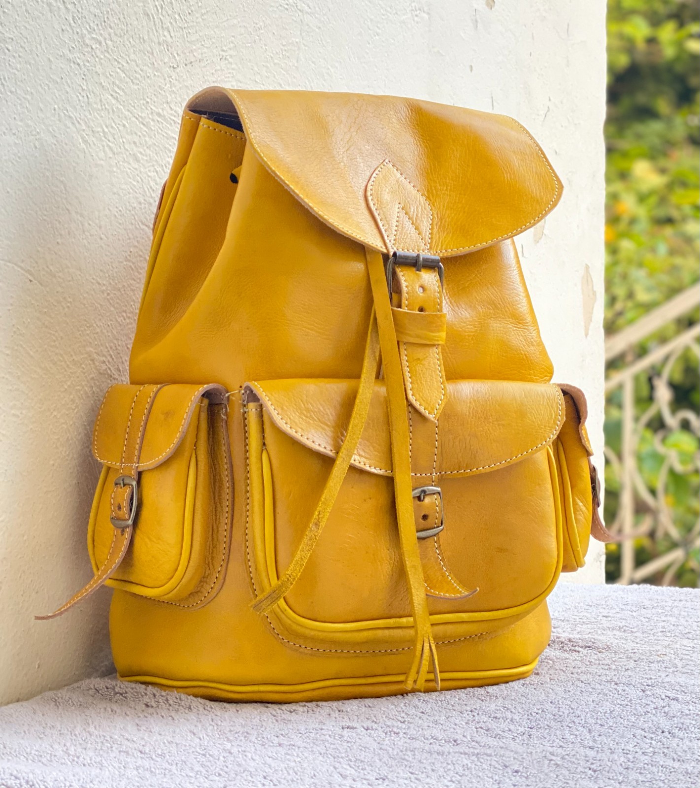 Yellow Leather Backpack Handmade Morocco Belt Buckle Front Back Pocket