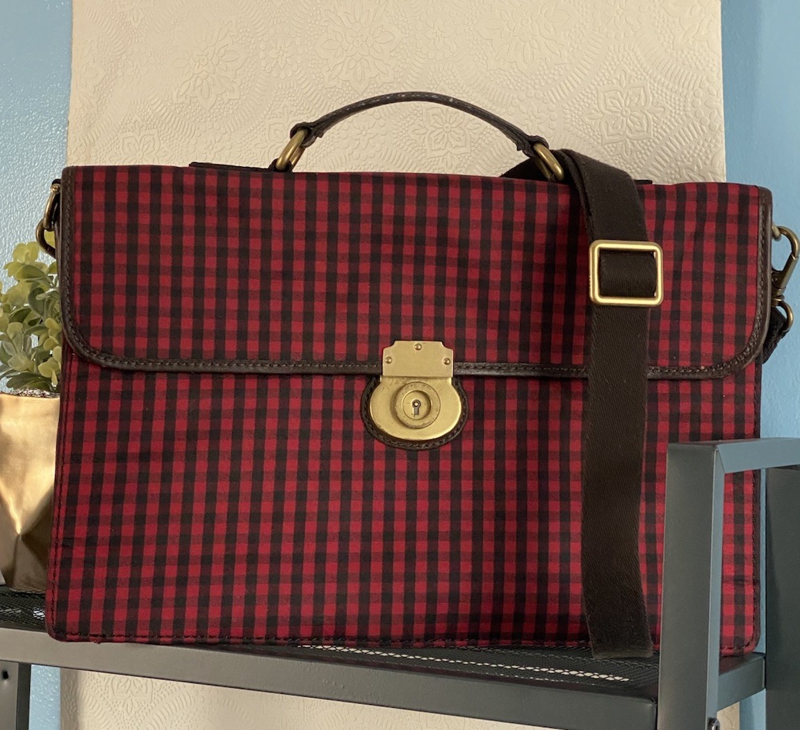 Father’s Day! LEATHER TRIM FOSSIL Red checkered MESSENGER BAG, Brass Push Lock