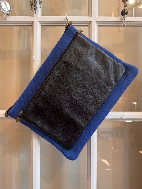 Steve Mono Spain Black Leather & Cobalt Blue Canvas Double Envelope Bag Clutch