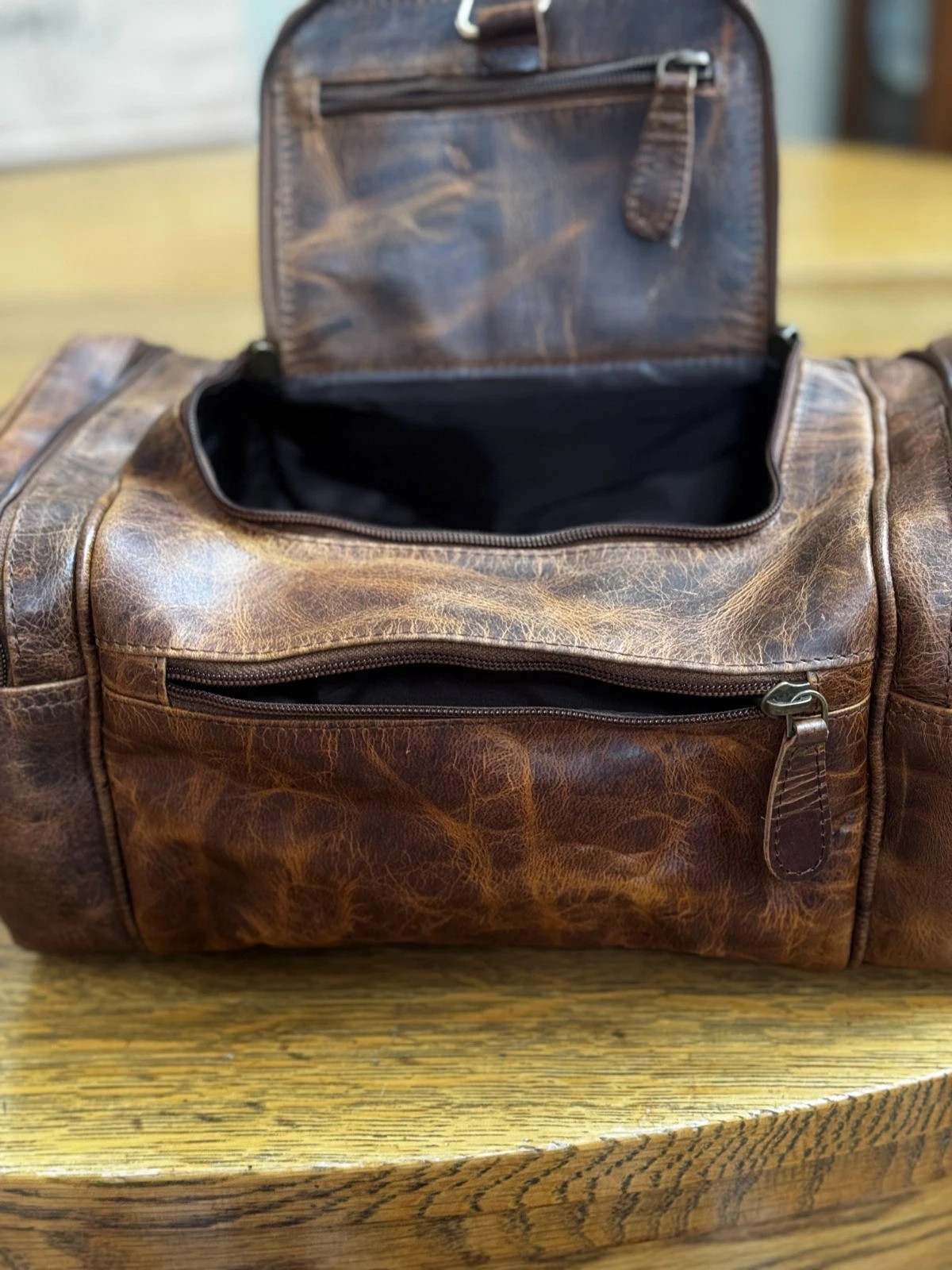 Large Full Grain Leather Dopp Kit Shaving Toiletry Travel Bag Brown