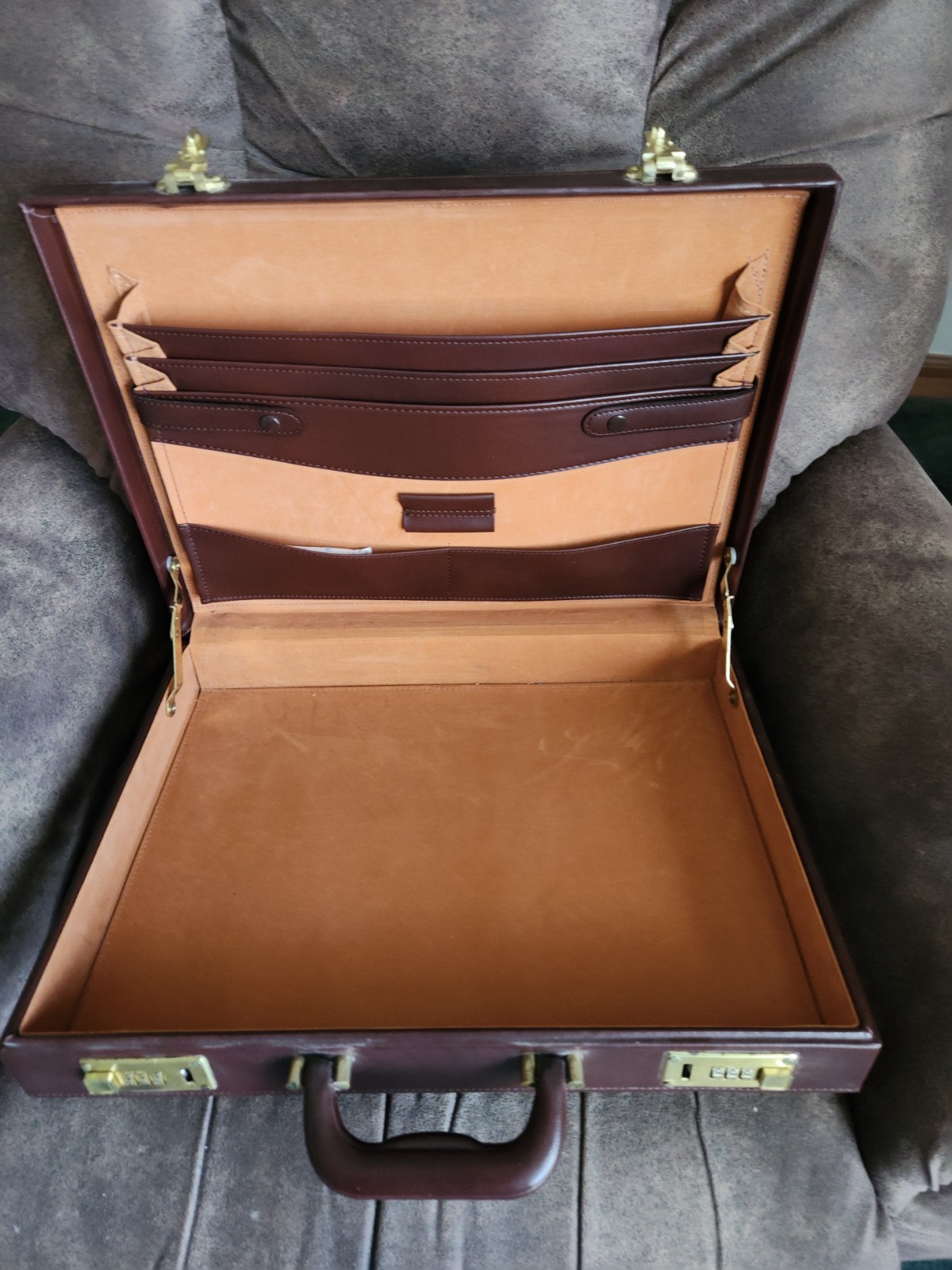 Brown Briefcase with Combination Lock, Inner Pockets, Top Handle, Business