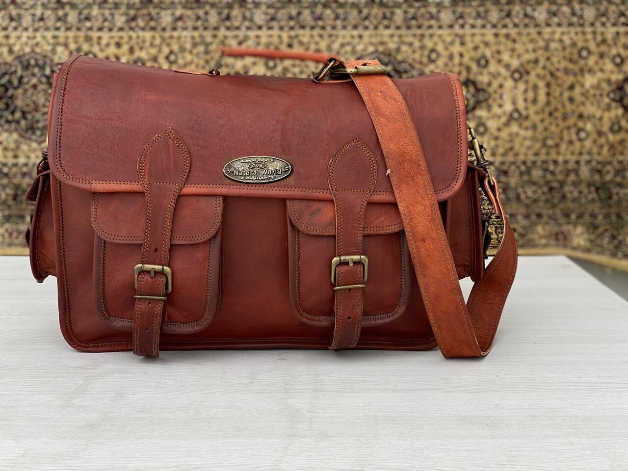 Men’s 15.5 Inch leather messenger Real satchel bag genuine laptop briefcase