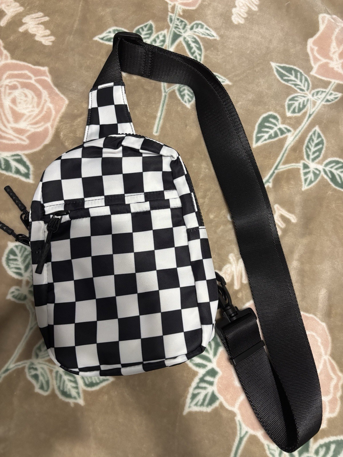 Black & White Checkered Crossbody Sling Bag Zip Closure Adjustable Strap