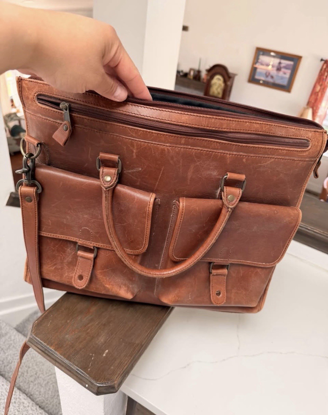 Eddie Bauer Brown Men’s Briefcase Zip/Button, Adjustable Strap, Pockets