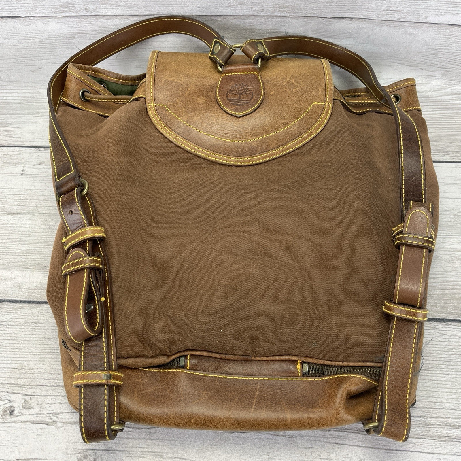 Vintage Timberland Brown Leather & Canvas Medium Backpack 12″x11.5″x8″