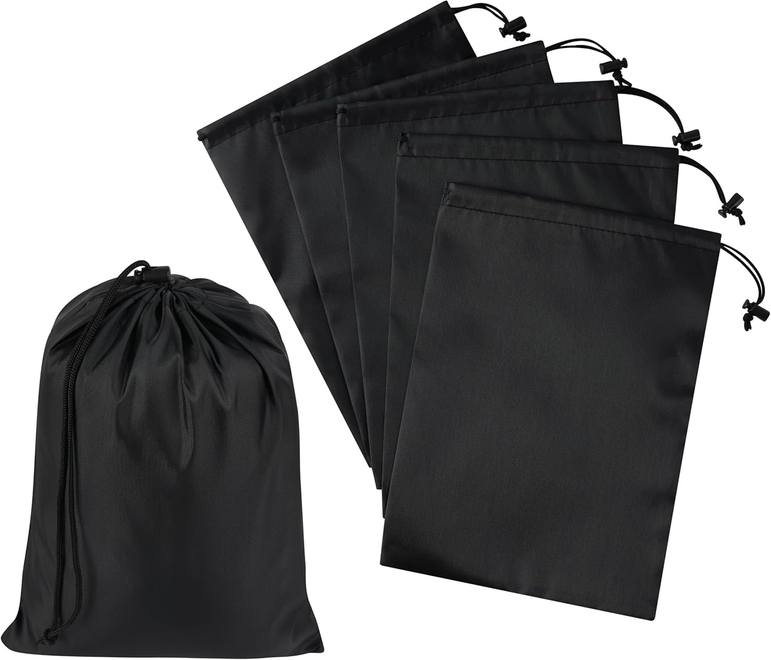 Drawstring Bag with Toggle – Nylon Cinch and Ditty Pouch – Six Pack (Black, 8 x