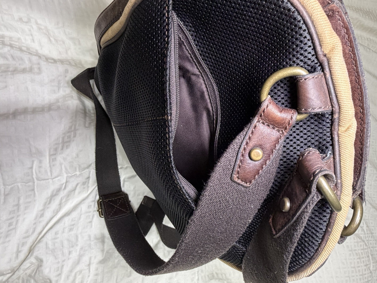 FOSSIL Estate Backpack Rugged Canvas Brown Leather Trim Padded Zip