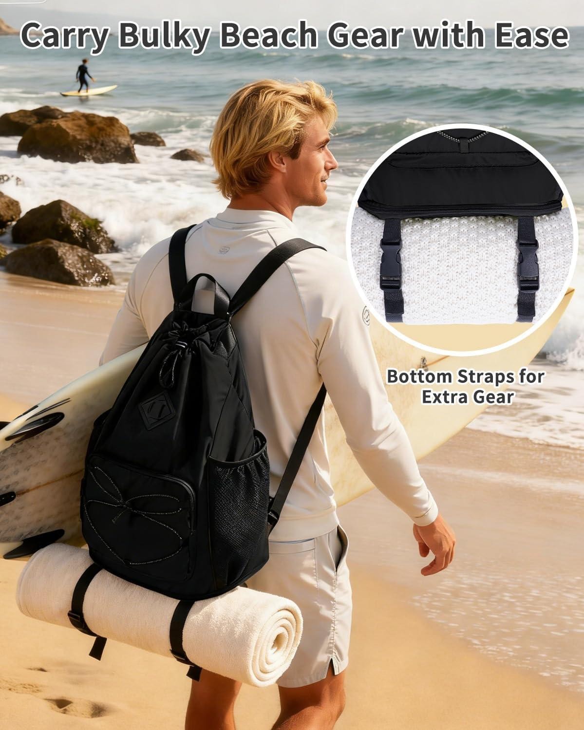 Drawstring Backpack with Removable Wet Pocket, Sandproof Beach Backpack