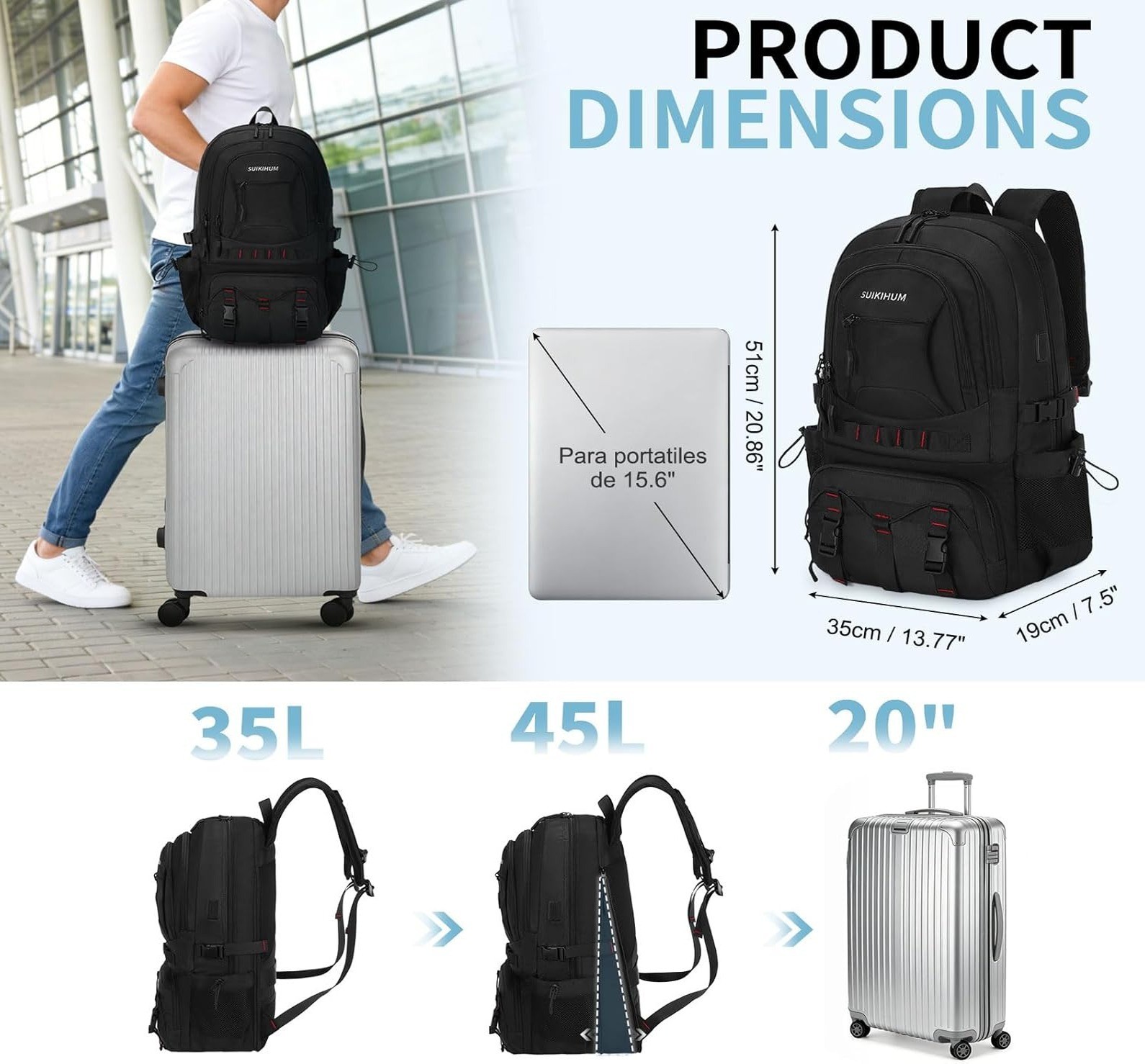 35L Hiking Backpack Waterproof Travel Daypack USB-C Laptop Camping- Black NEW