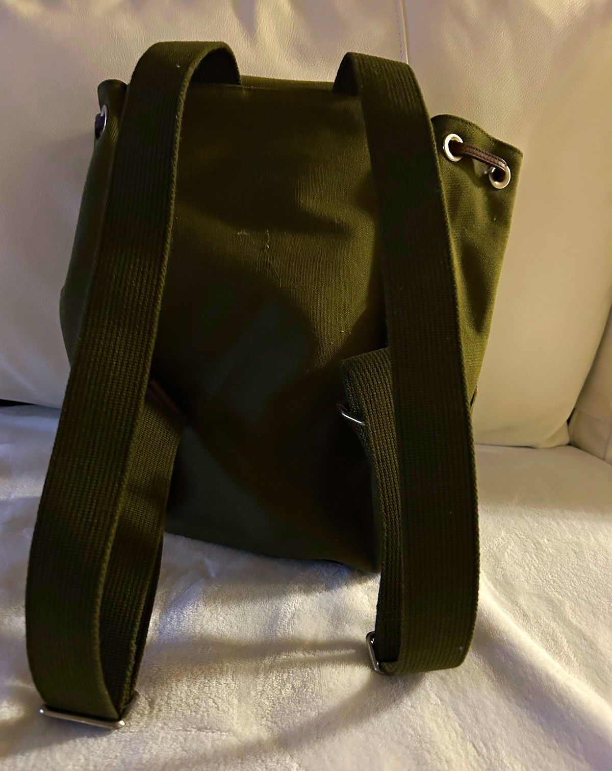 Calvin Klein Green Backpack Drawstring Buckle Zip Pockets Brown Accents
