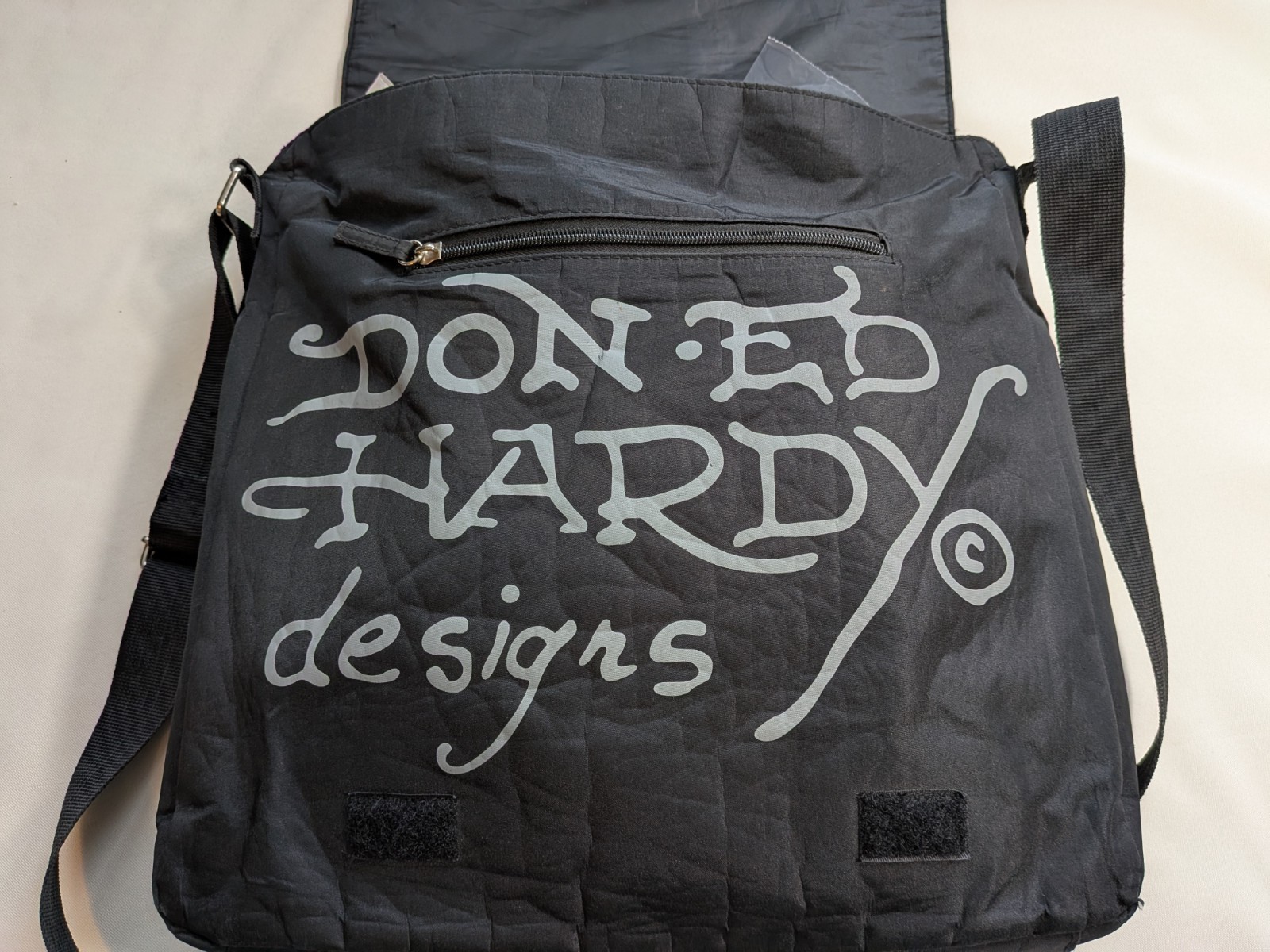 Y2K Ed Hardy Christian Audigier Messenger Bag Black Skull Tattoo Distressed