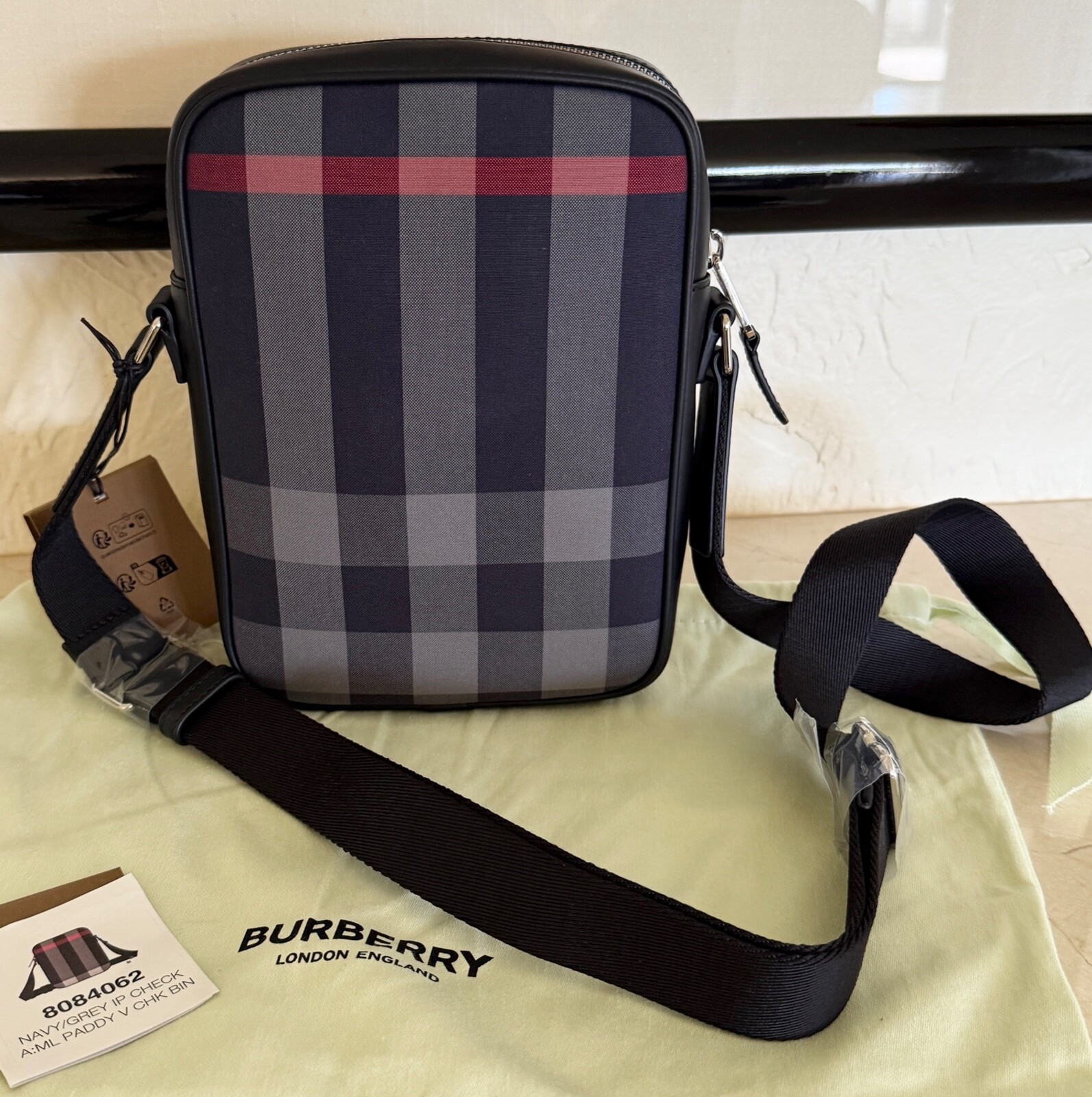 Burberry Paddy Crossbody IP Check Bag, Navy/Red with black leather NWT