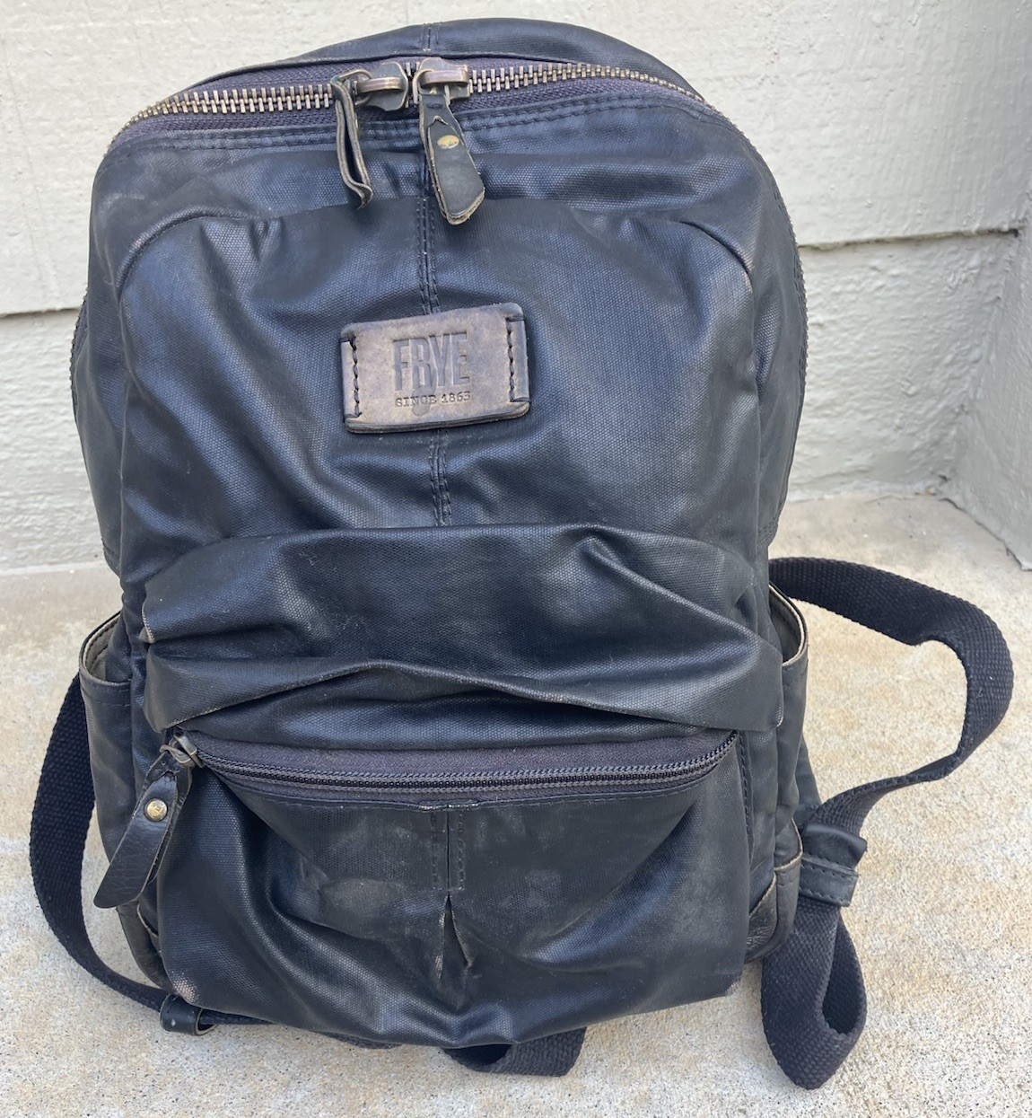 Frye Leather Zipper Backpack Black Distressed Leather 13”x12”