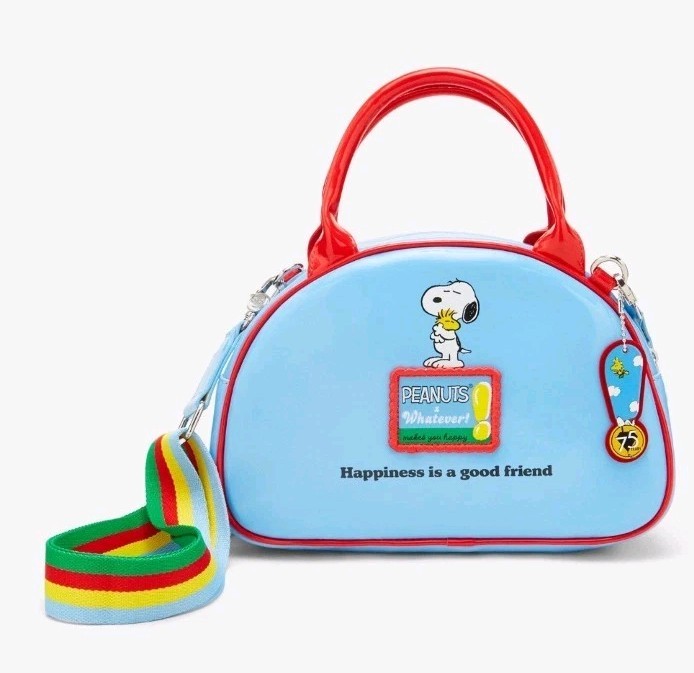 Whatever! Makes You Happy Peanuts Snoopy Woodstock Bowler Handbag Purse Rainbow
