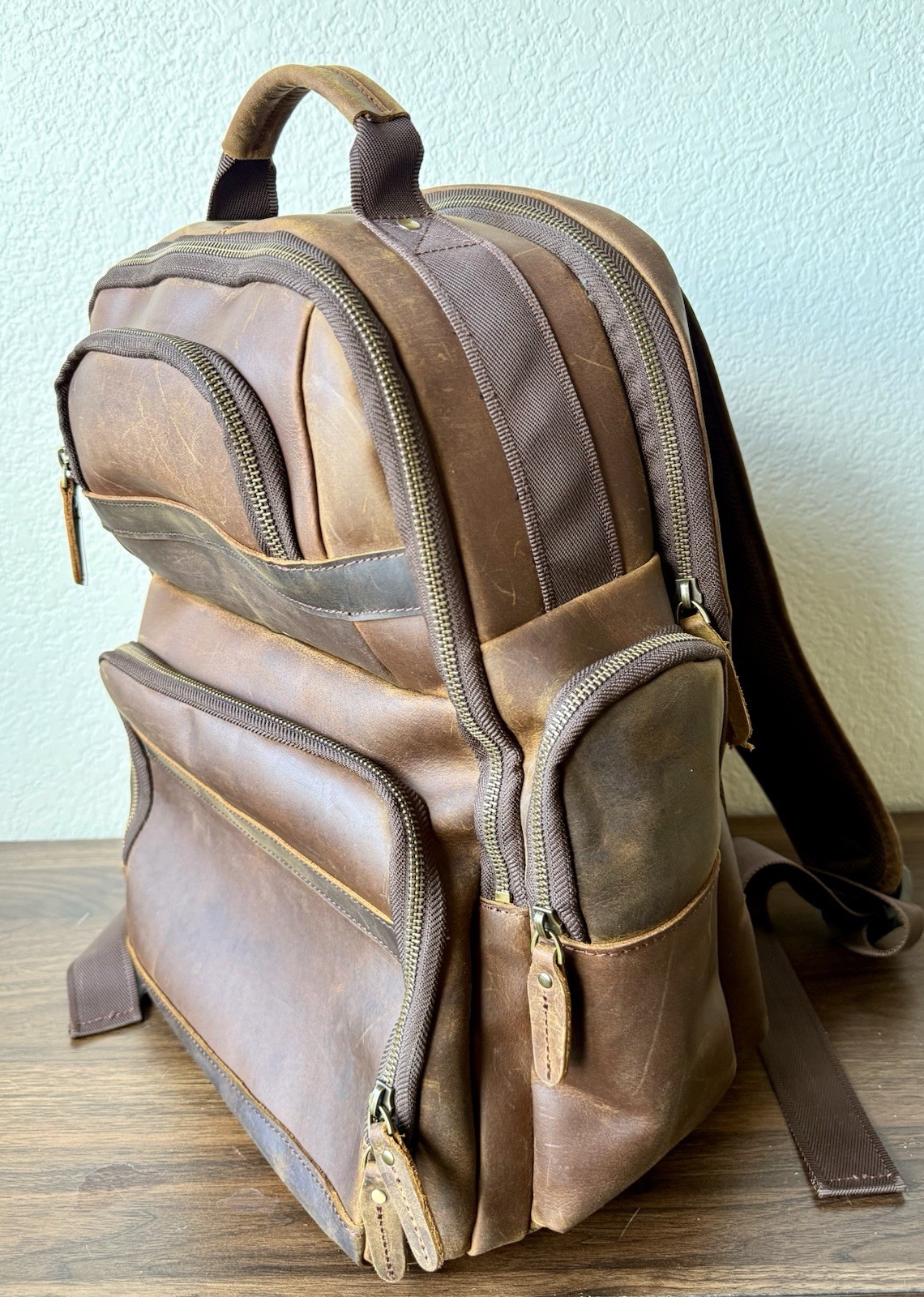 Tiding Leather Two Tone Leather Backpack Brown With Charging Laptop Bag