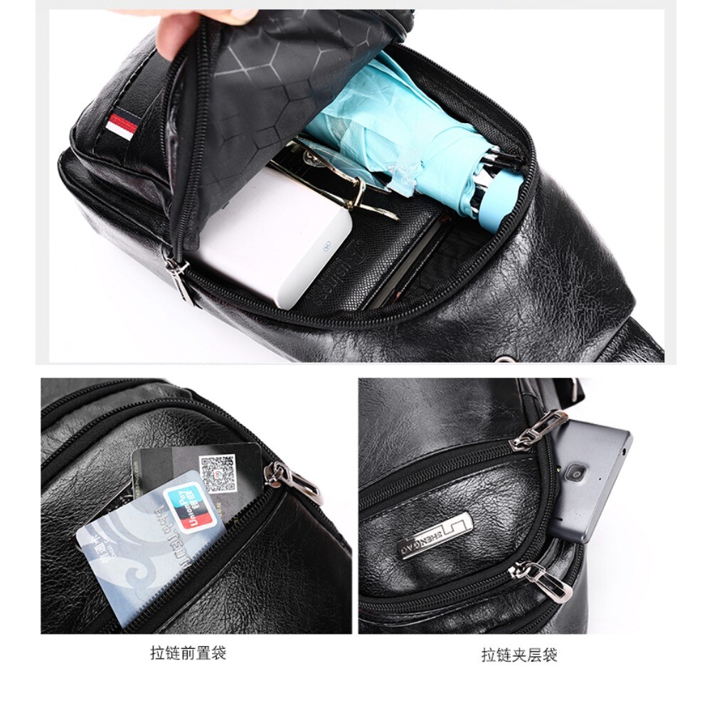 Men Leather Sling Bag Chest Shoulder Crossbody Backpack USB Charging Port Travel
