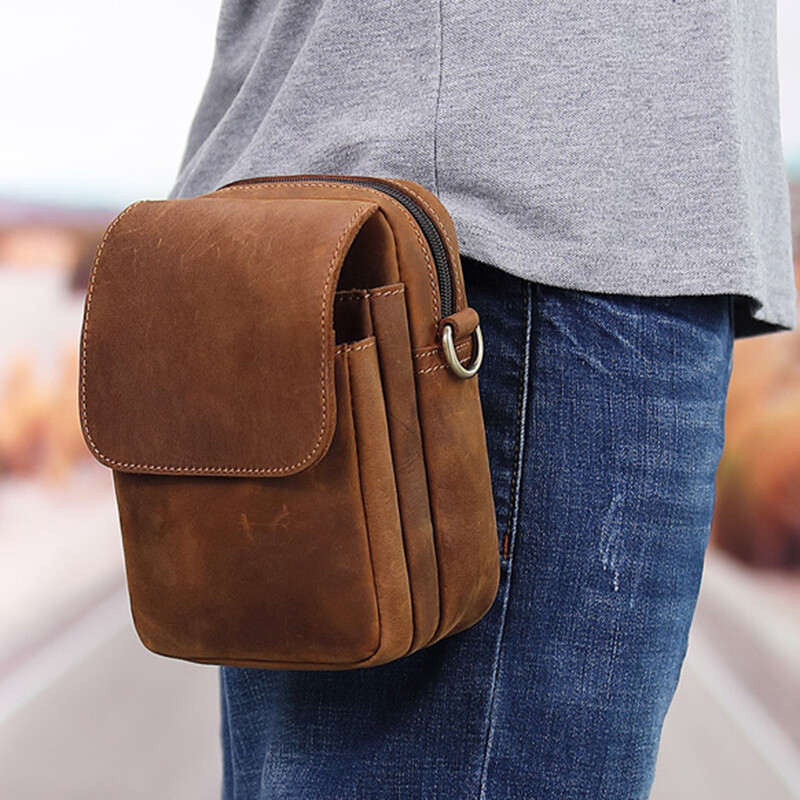 Men’s Genuine Leather Belt Bag Waist Fanny Pack Cell Phone Pouch Wallet Purse