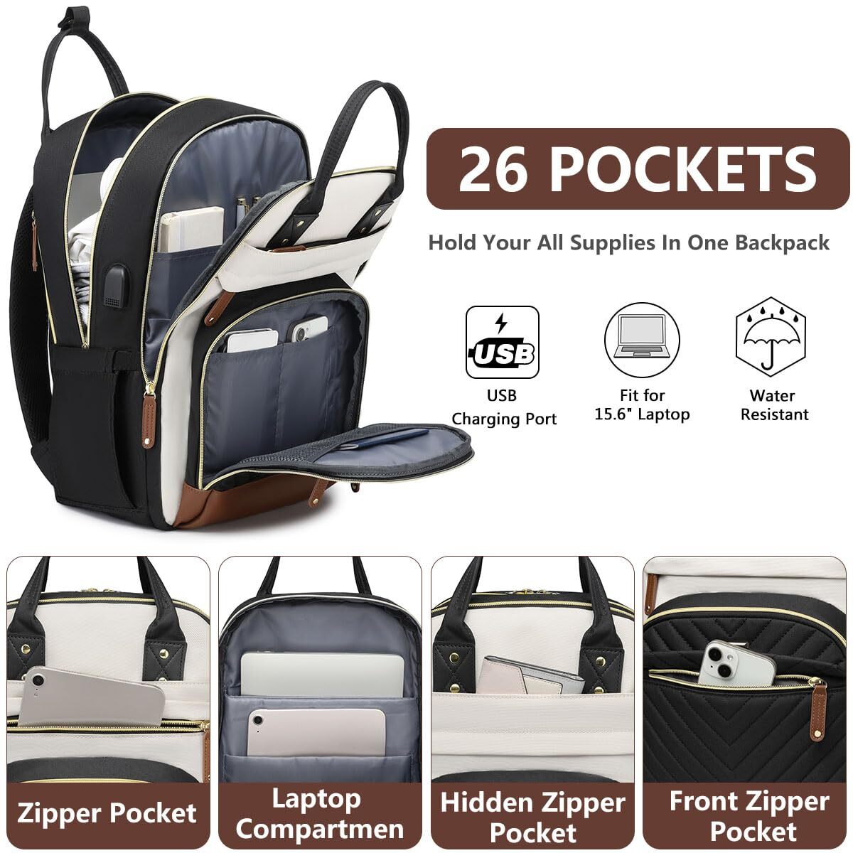 Laptop Backpack 15.6″ Work & Travel Bag Waterproof USB Charging Port