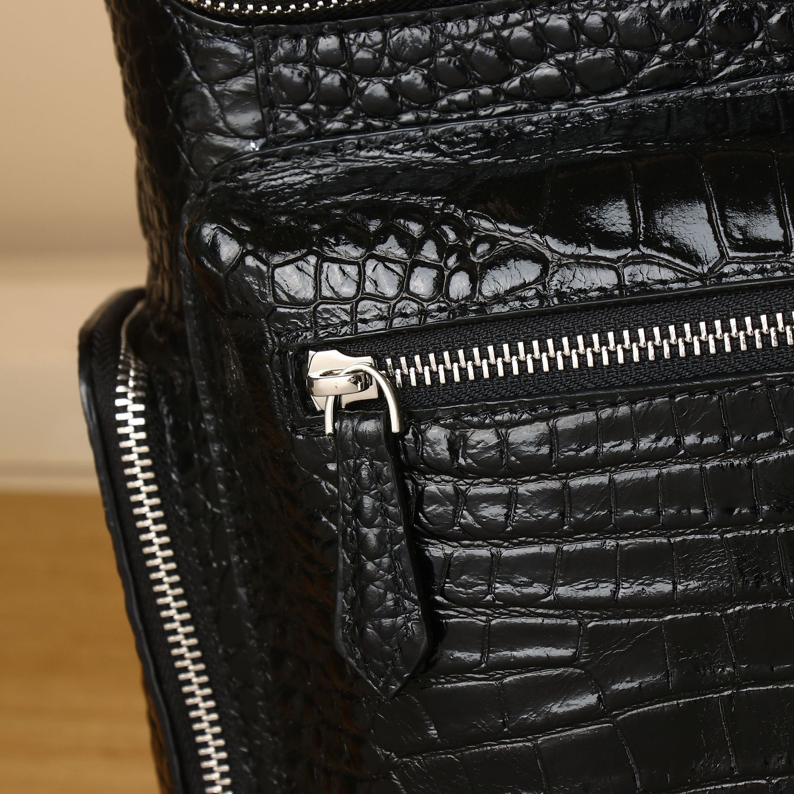 Top Cowhide Leather Black Backpack Crocodile Belly Pattern Men’s Travel Rucksack