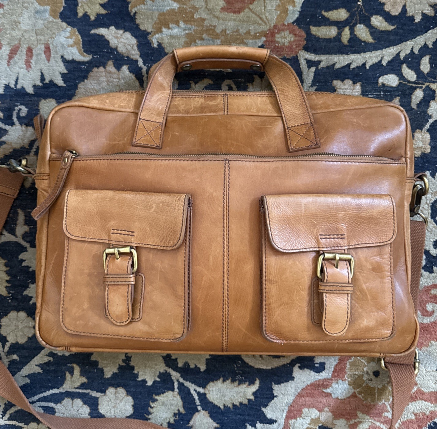 Rawlings Rugged Briefcase Large Distressed Leather Vintage Tan Heritage Stripe