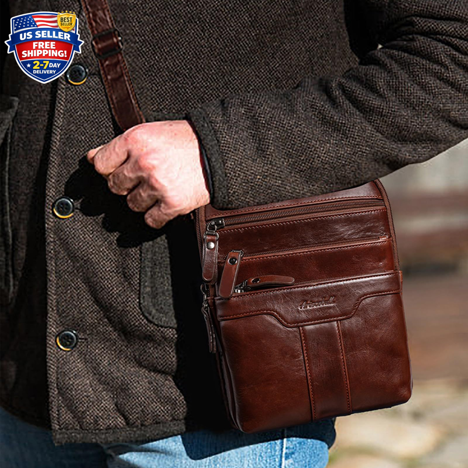 Leather Messenger Bag for Men, Small Leather Sling Shoulder Bag Messenger Pac