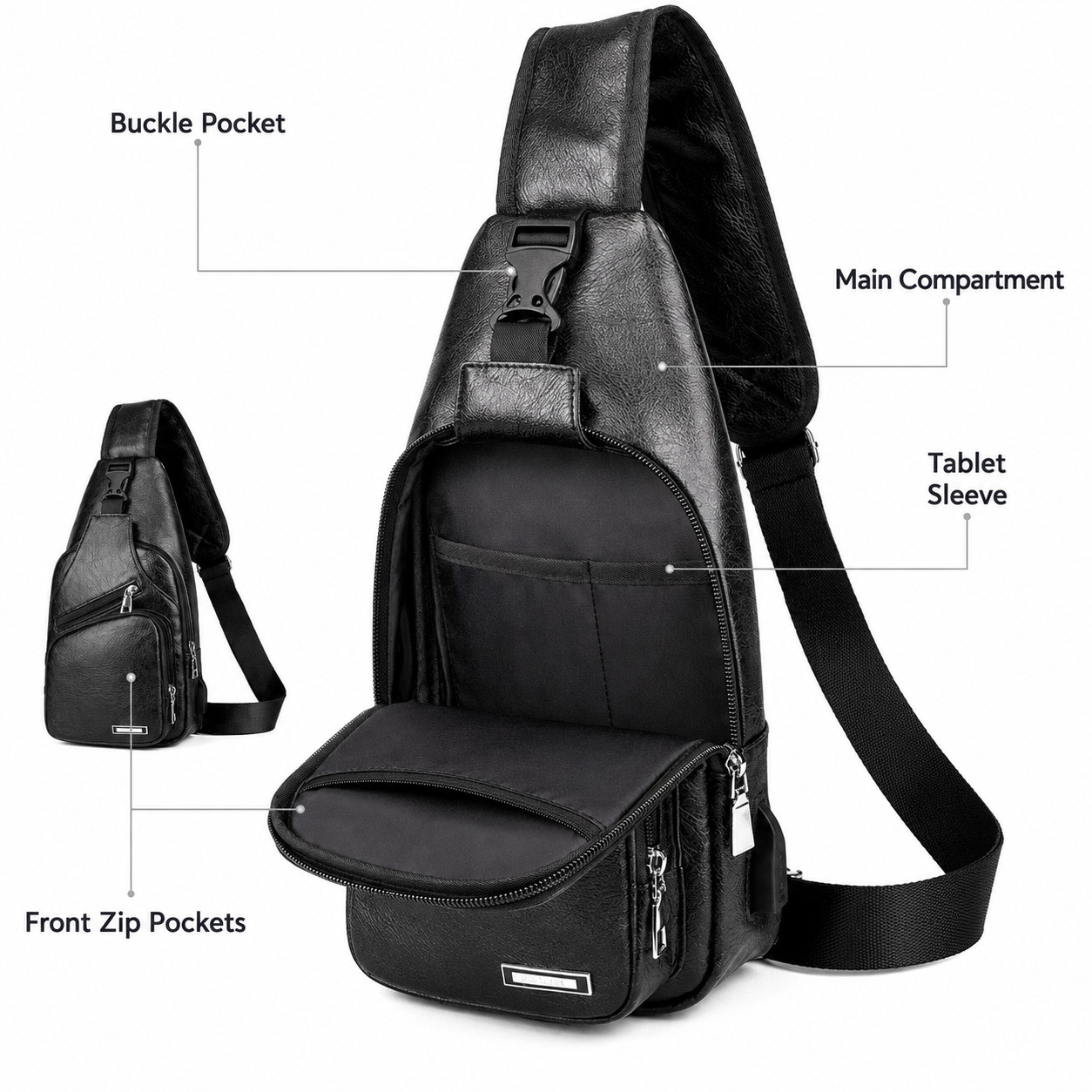 Black Chest Crossbody Bag Sling Backpack for Men with USB Charge Port Hole