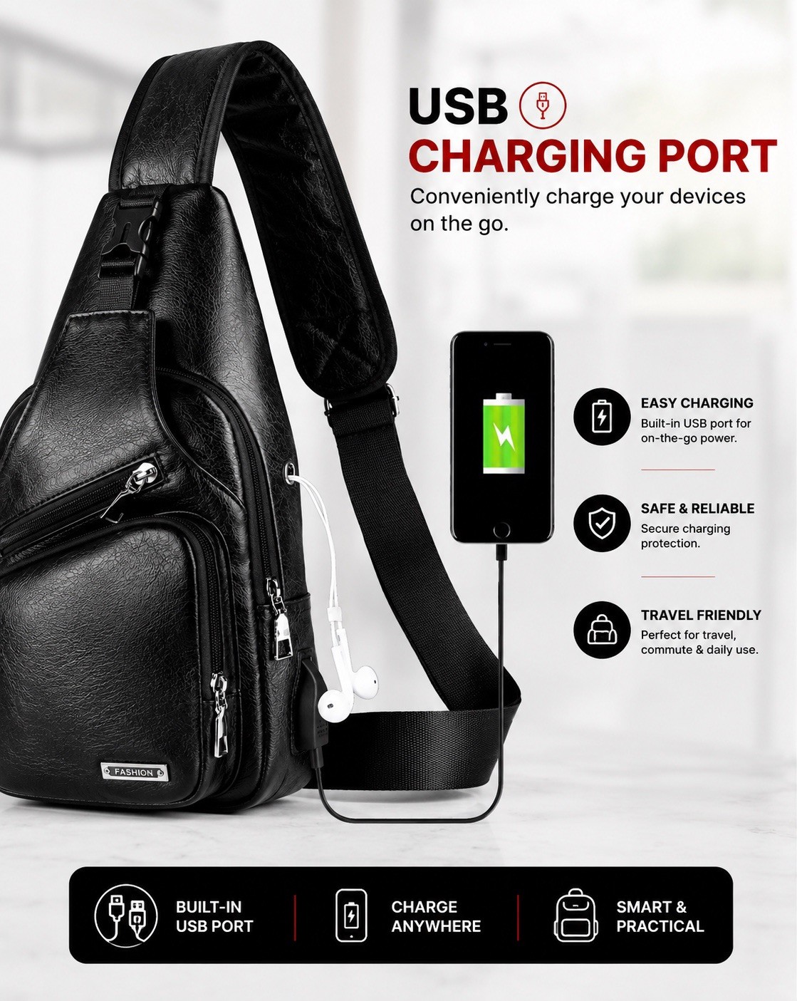 Black Chest Crossbody Bag Sling Backpack for Men with USB Charge Port Hole