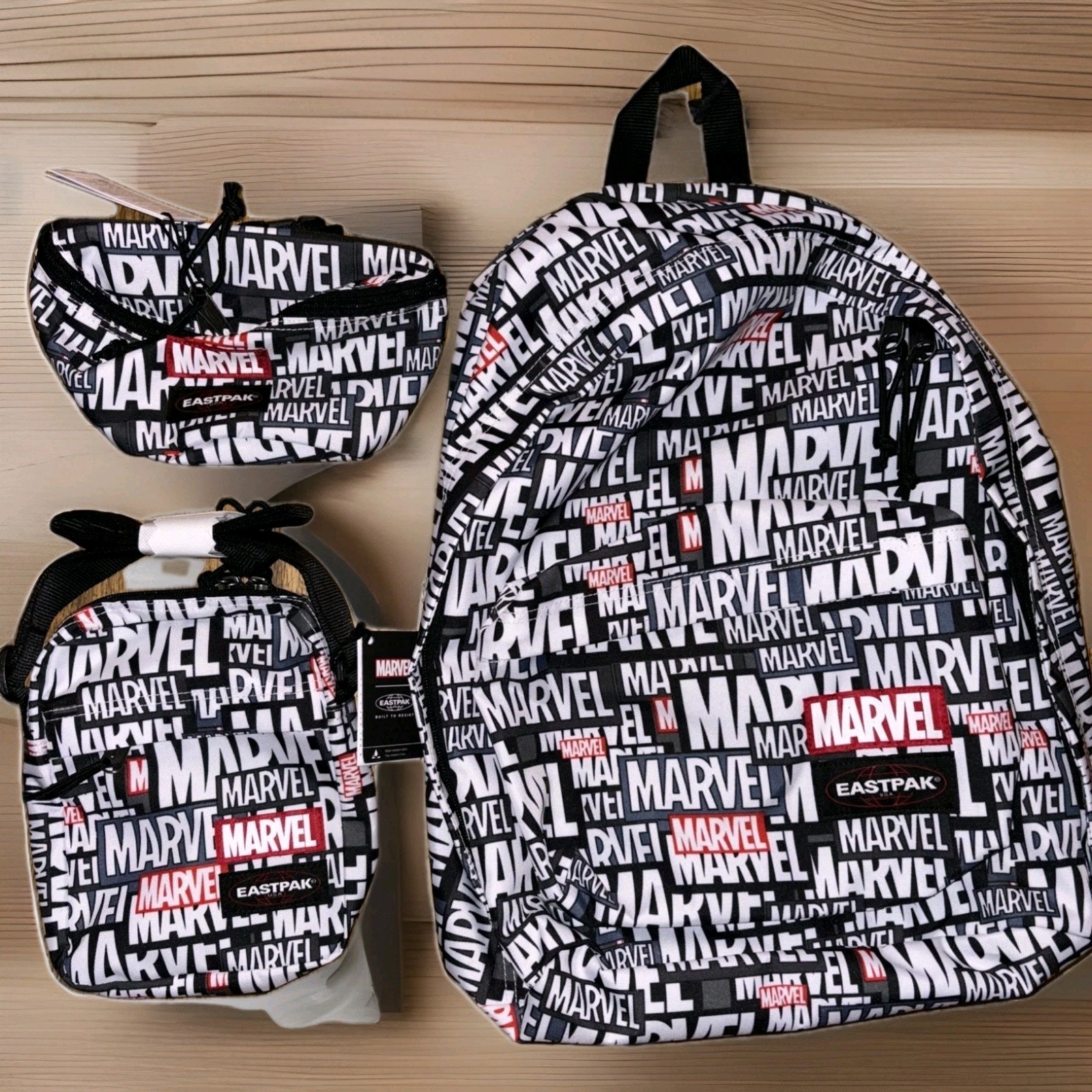 EASTPAK x MARVEL three Piece Logo Print Set – Backpack/Fanny Pack/Shoulder Tote